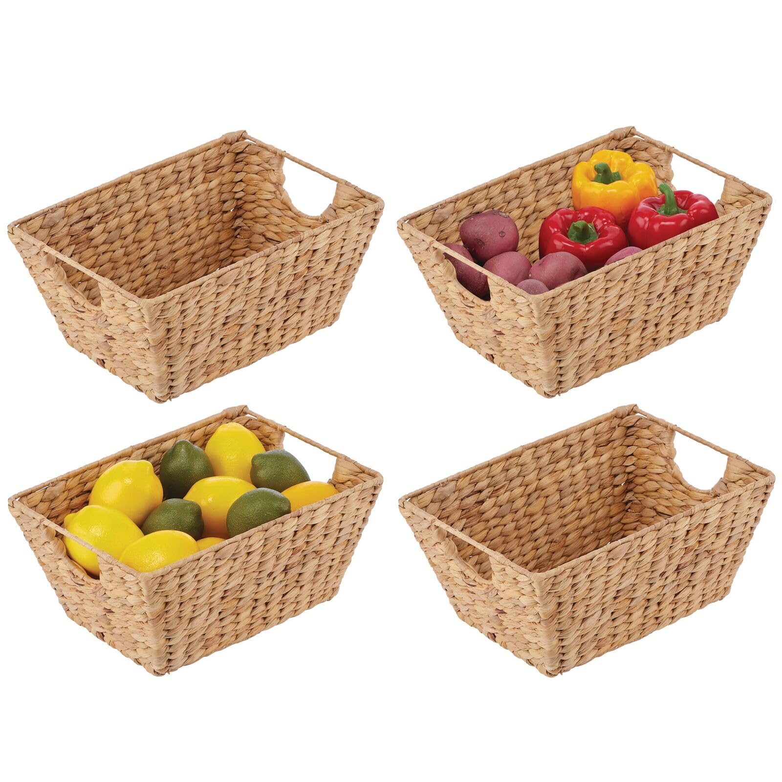 mDesign Natural Woven Hyacinth Closet Storage Organizer Basket Bin for Kitchen Cabinets, Pantry, Bathroom, Laundry Room, Closets, Garage - 4 Pack - Natural