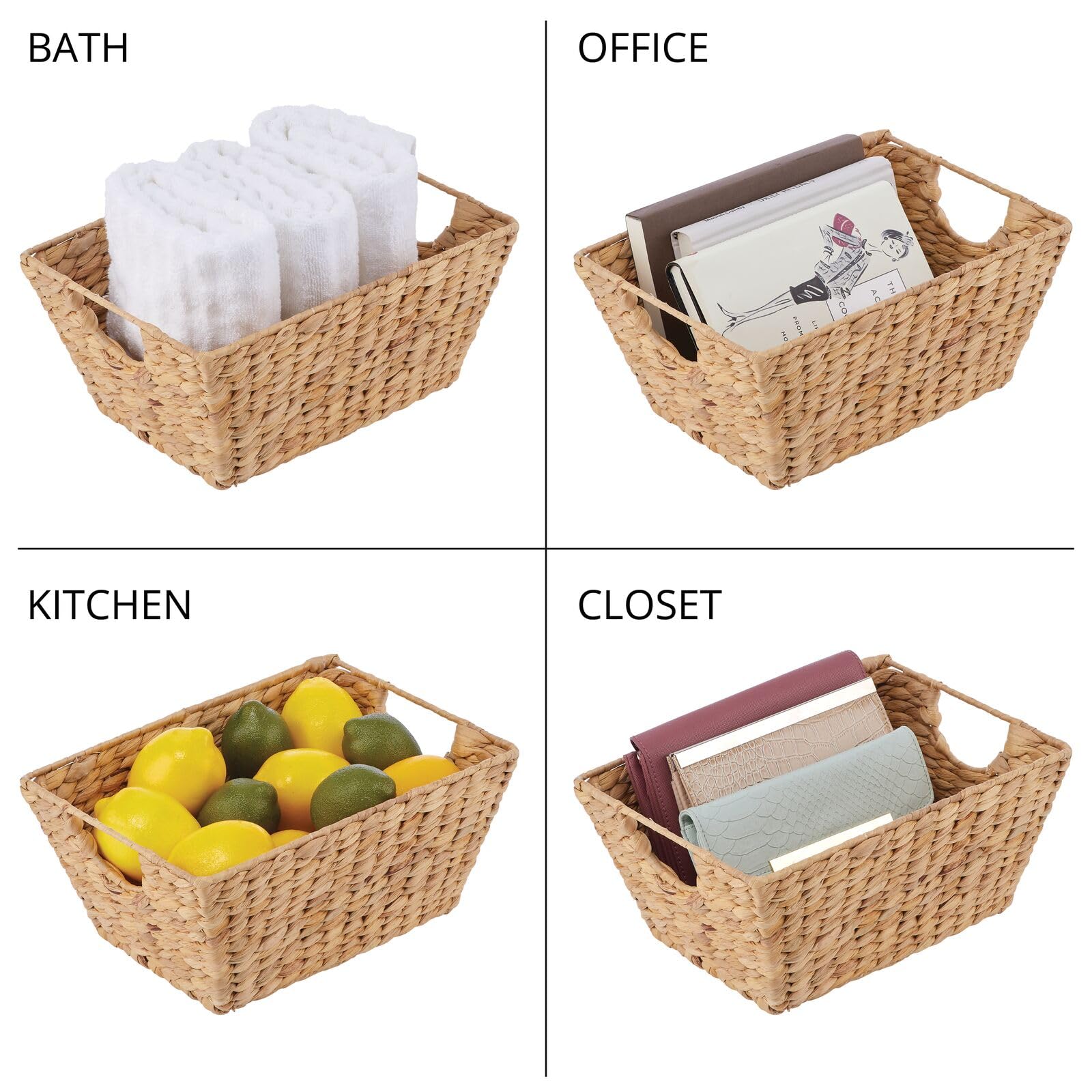 mDesign Natural Woven Hyacinth Closet Storage Organizer Basket Bin for Kitchen Cabinets, Pantry, Bathroom, Laundry Room, Closets, Garage - 4 Pack - Natural