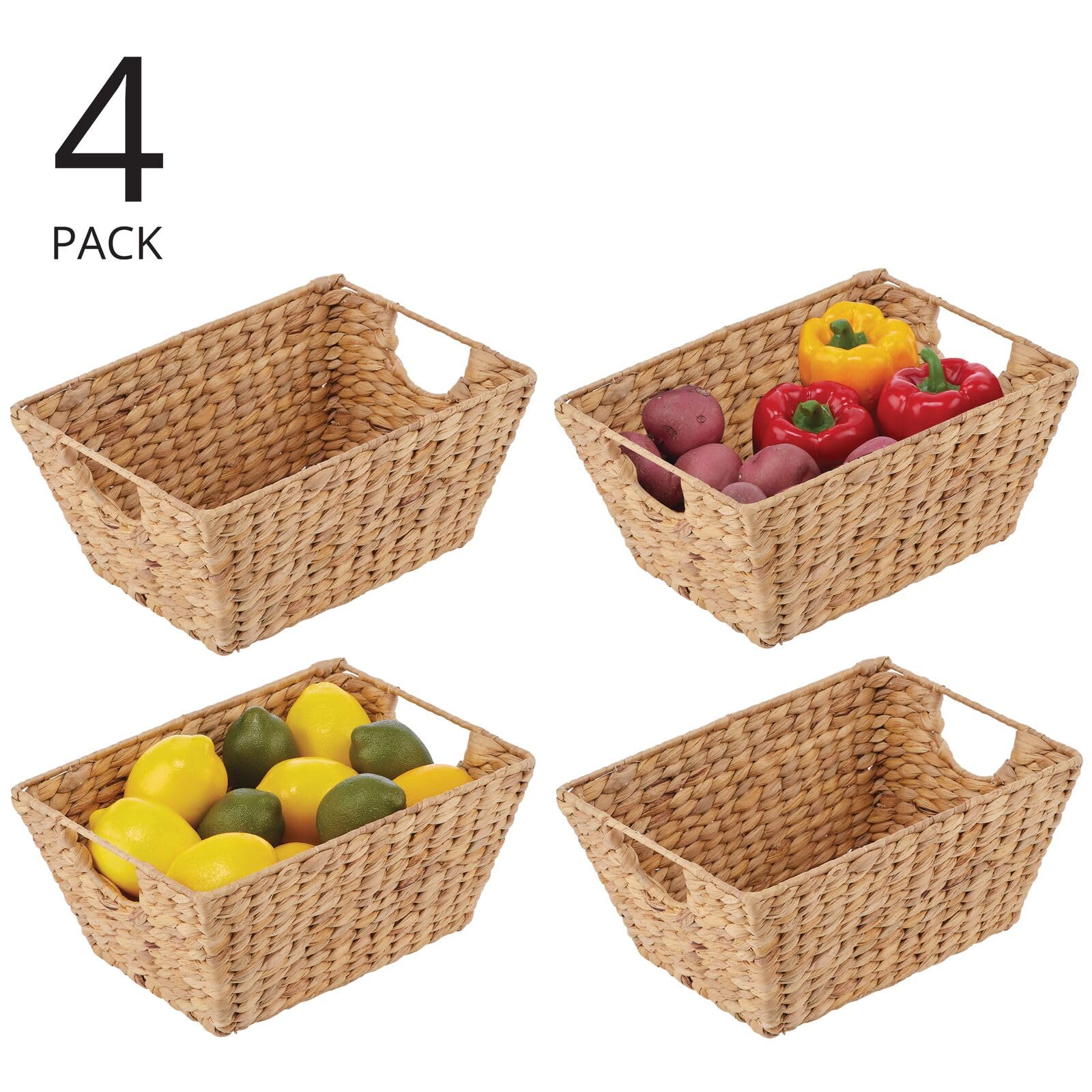 mDesign Natural Woven Hyacinth Closet Storage Organizer Basket Bin for Kitchen Cabinets, Pantry, Bathroom, Laundry Room, Closets, Garage - 4 Pack - Natural