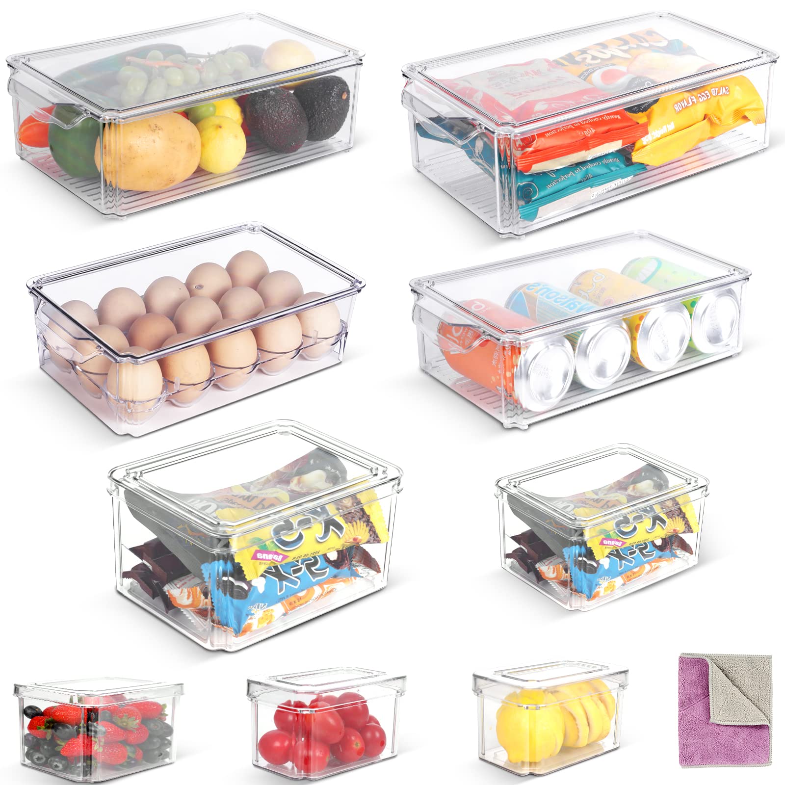 Midyb Fridge Organizer, 9 Pack Refrigerator Organizer Bins with Lids, BPA Free Stackable Fridge Organizers and Storage for Kitchen, Countertops, Fridge Containers for Vegetables, Fruits, Drinks