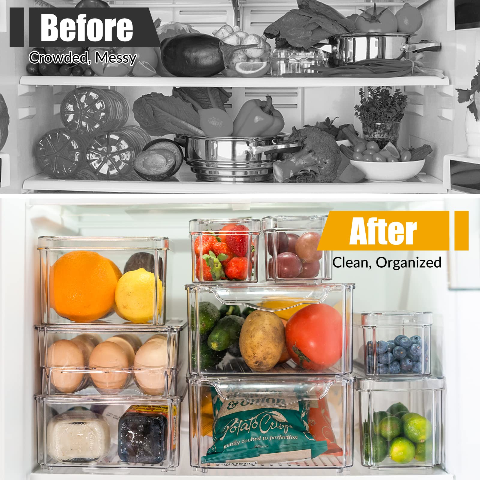 Midyb Fridge Organizer, 9 Pack Refrigerator Organizer Bins with Lids, BPA Free Stackable Fridge Organizers and Storage for Kitchen, Countertops, Fridge Containers for Vegetables, Fruits, Drinks