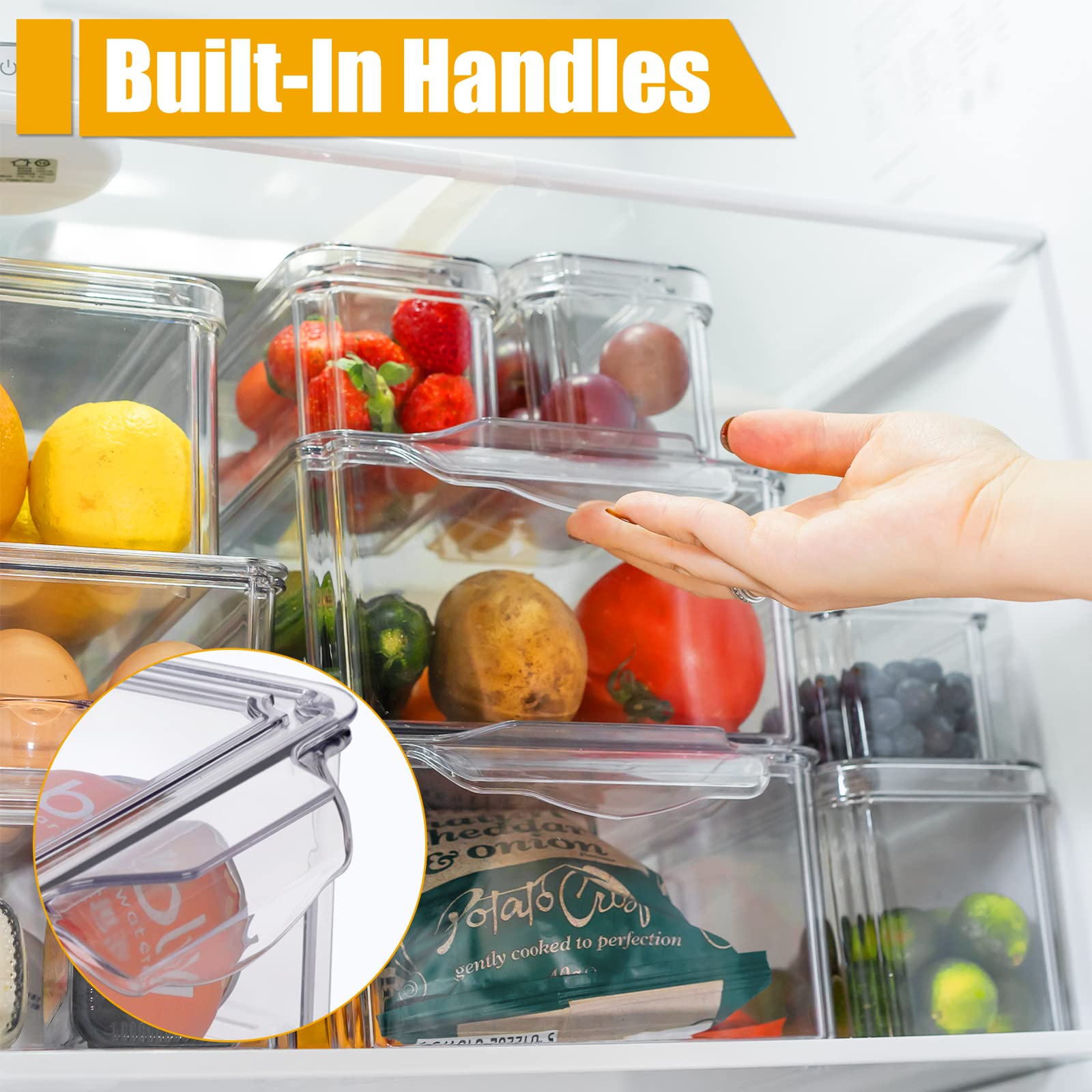 Midyb Fridge Organizer, 9 Pack Refrigerator Organizer Bins with Lids, BPA Free Stackable Fridge Organizers and Storage for Kitchen, Countertops, Fridge Containers for Vegetables, Fruits, Drinks