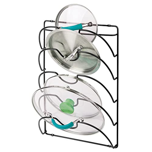 mDesign Metal Wire Pot and Pan Lid Rack Organizer for Kitchen Cabinet Doors or Wall Mount - Upright Storage Holder with 5 Slots - Black