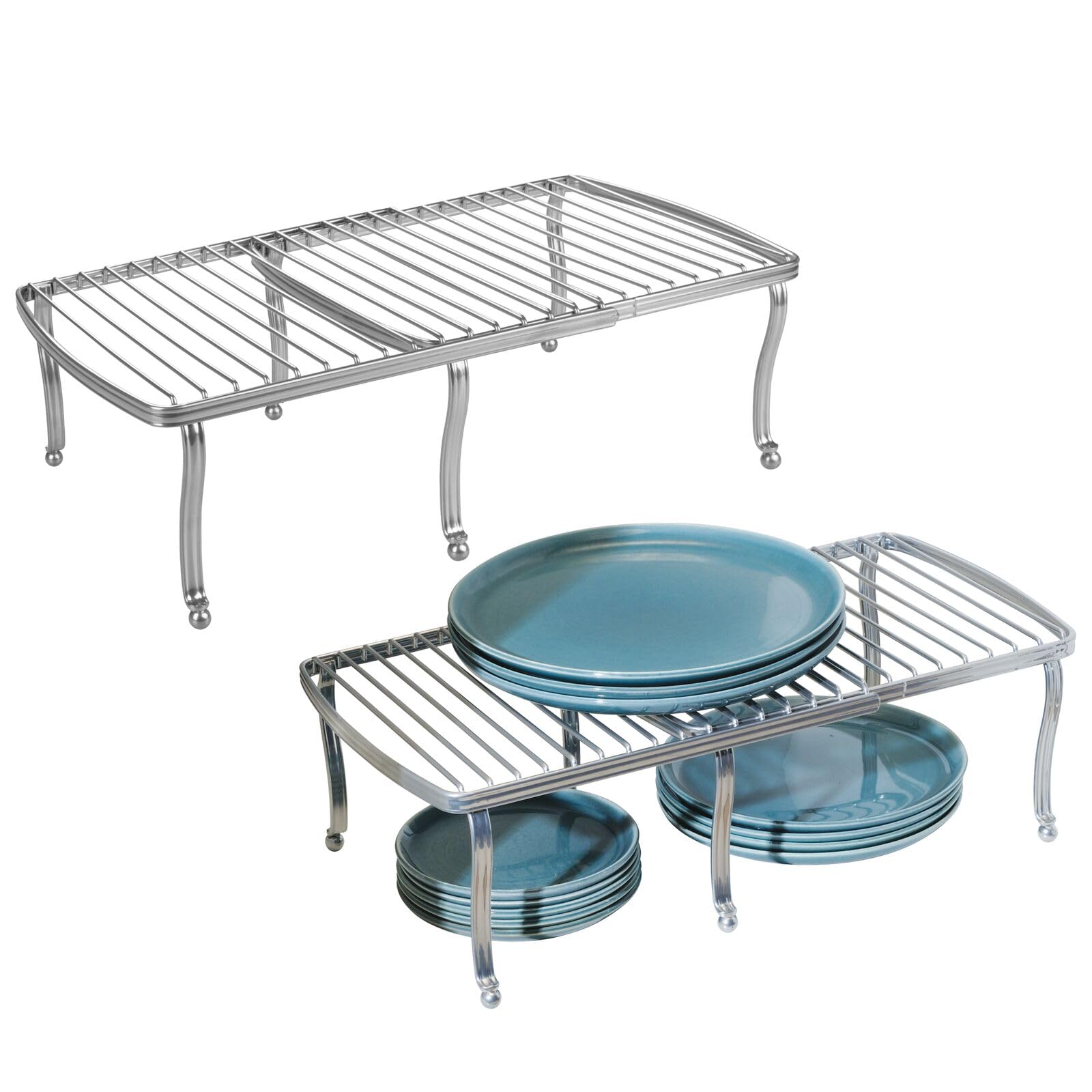 mDesign Expandable Wire Metal Kitchen Cabinet Shelf Rack - Adjustable Pantry, Countertop, Cupboard Shelf Organizer - Dish and Plate Storage Space-Saver, Hyde Collection, 2 Pack/4 Pieces, Silver