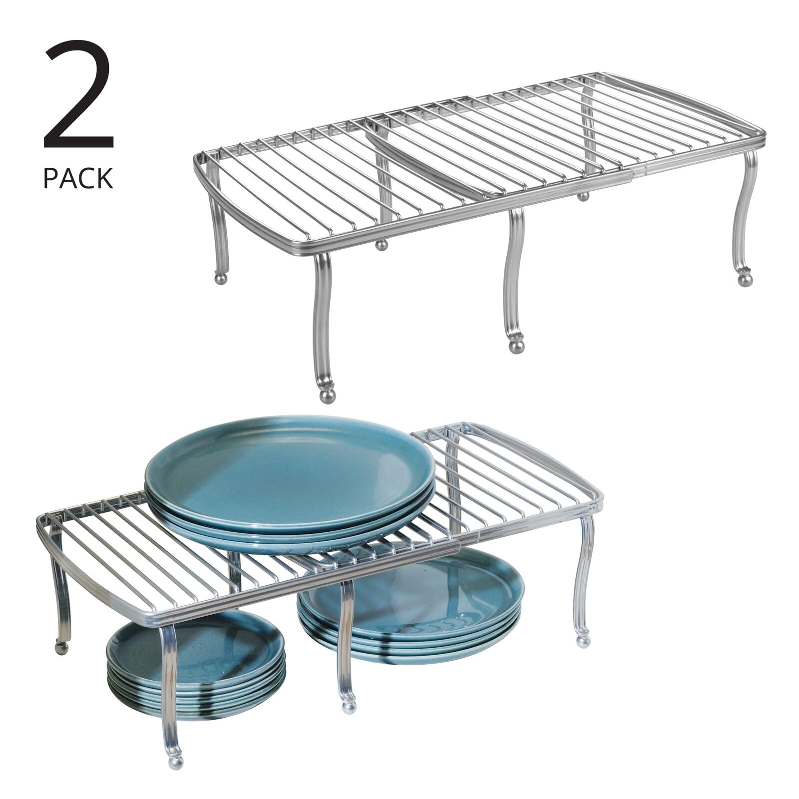 mDesign Expandable Wire Metal Kitchen Cabinet Shelf Rack - Adjustable Pantry, Countertop, Cupboard Shelf Organizer - Dish and Plate Storage Space-Saver, Hyde Collection, 2 Pack/4 Pieces, Silver