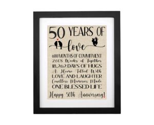 framed 50 years of love burlap print, gifts for parents 50th anniversary, couple 50th wedding anniversary, golden anniversary decorations, gifts for grandma & grandpa, happy 50th anniversary