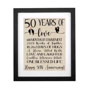 Framed 50 Years of Love Burlap Print, Gifts for Parents 50th Anniversary, Couple 50th Wedding Anniversary, Golden Anniversary Decorations, Gifts for Grandma & Grandpa, Happy 50th Anniversary