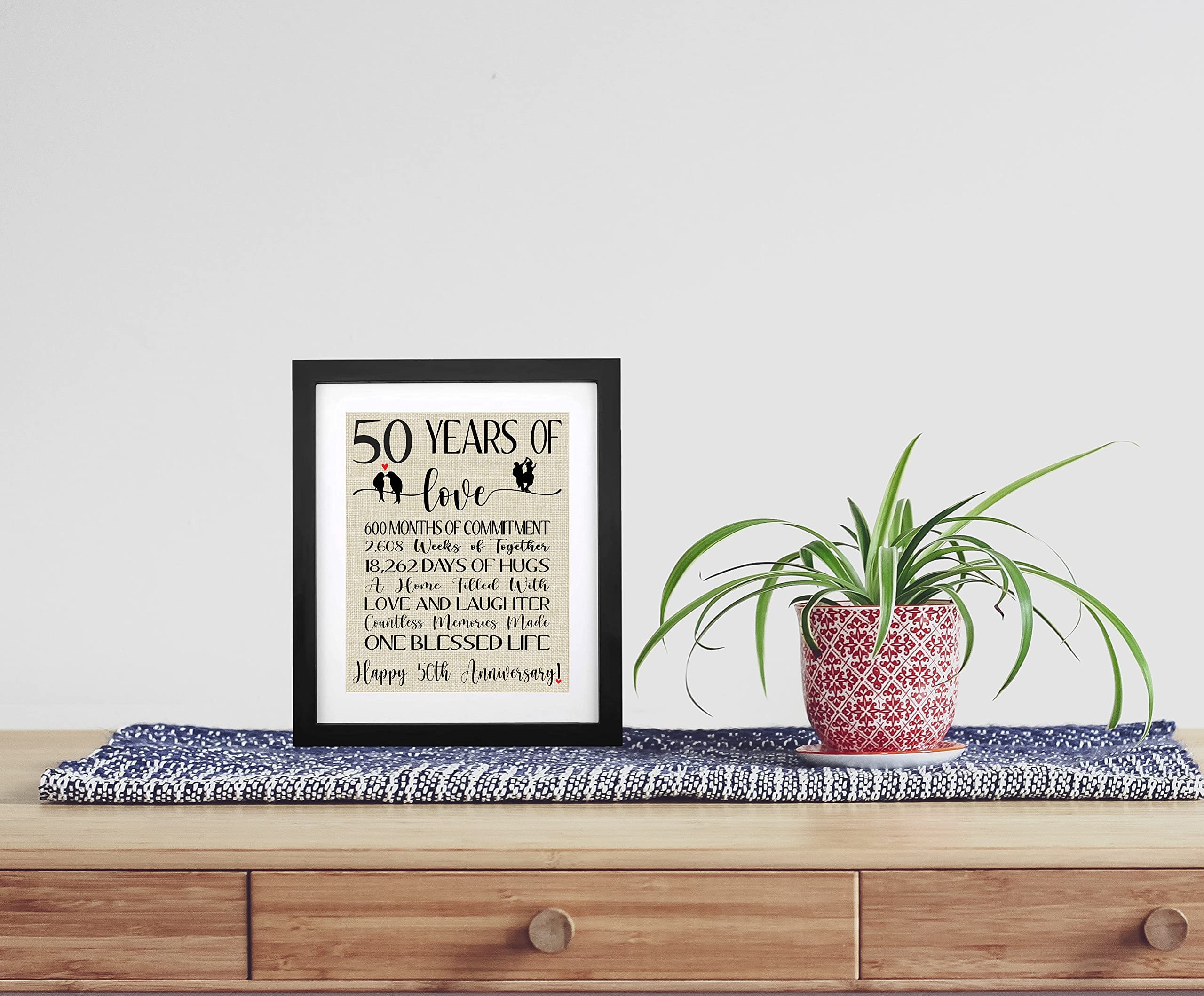 Framed 50 Years of Love Burlap Print, Gifts for Parents 50th Anniversary, Couple 50th Wedding Anniversary, Golden Anniversary Decorations, Gifts for Grandma & Grandpa, Happy 50th Anniversary