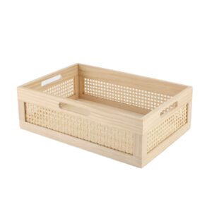yrmt wooden baskets shallow wood storage basket crate with handles decorative storage bins organizer rustic farmhouse countertop basket for shelves,pantry,kitchen