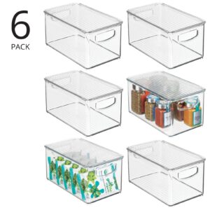 mDesign Plastic Deep Storage Bin Box Container with Lid and Built-In Handles - Organization for Fruit, Snacks, or Food in Kitchen Pantry, Cabinet, or Cupboard, Ligne Collection, 6 Pack, Clear