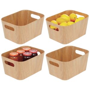mdesign wood print food bin box with handles - rustic basket for kitchen and pantry vegetable and potato storage - perfect for garlic, onions, fruit, and more - 12" long - 4 pack - natural