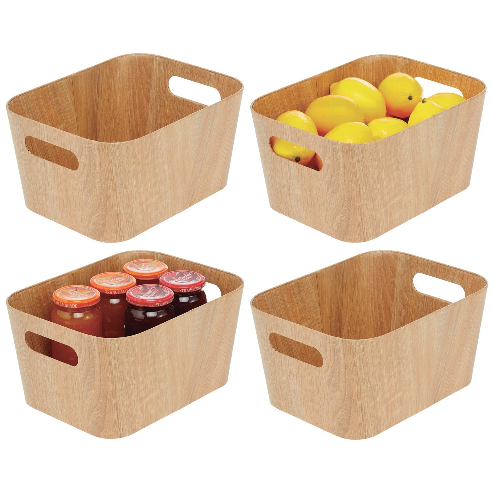 mDesign Wood Print Food Bin Box with Handles - Rustic Basket for Kitchen and Pantry Vegetable and Potato Storage - Perfect for Garlic, Onions, Fruit, and More - 12" Long - 4 Pack - Natural