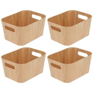 mDesign Wood Print Food Bin Box with Handles - Rustic Basket for Kitchen and Pantry Vegetable and Potato Storage - Perfect for Garlic, Onions, Fruit, and More - 12" Long - 4 Pack - Natural