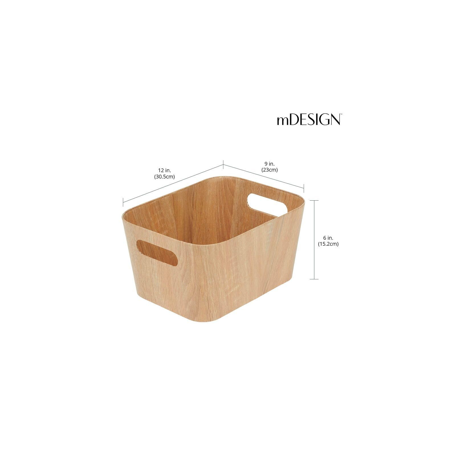 mDesign Wood Print Food Bin Box with Handles - Rustic Basket for Kitchen and Pantry Vegetable and Potato Storage - Perfect for Garlic, Onions, Fruit, and More - 12" Long - 4 Pack - Natural