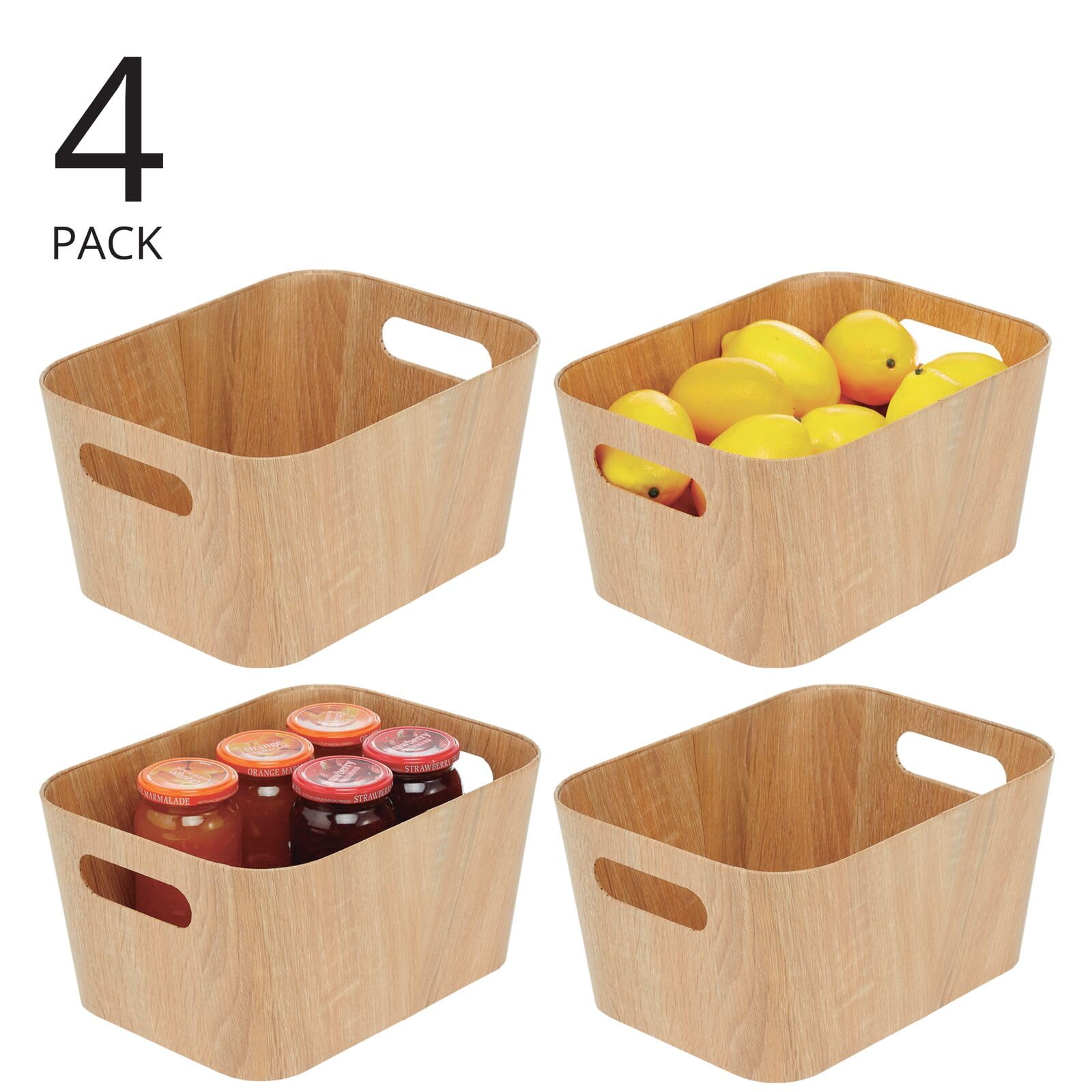 mDesign Wood Print Food Bin Box with Handles - Rustic Basket for Kitchen and Pantry Vegetable and Potato Storage - Perfect for Garlic, Onions, Fruit, and More - 12" Long - 4 Pack - Natural