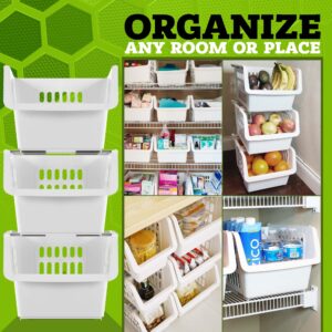 The Crown Choice Plastic Stackable Storage Bins and Organizers for Pantry (3 Pack) – White Medium Stackable Baskets for Organizing Kitchen, Bathroom, Under Sink, Office, Desk and Bedroom