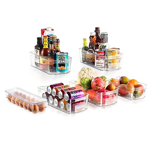 NutriChef Set of 6 Refrigerator Organizer Bins - Stackable Clear Plastic Bin with Handles, Egg Tray - For Fridge, Freezer, Kitchen, Cabinet, Countertops, Pantry - BPA Free Food Storage Rack - NCFO66