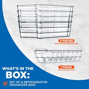 NutriChef Set of 6 Refrigerator Organizer Bins - Stackable Clear Plastic Bin with Handles, Egg Tray - For Fridge, Freezer, Kitchen, Cabinet, Countertops, Pantry - BPA Free Food Storage Rack - NCFO66