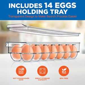 NutriChef Set of 6 Refrigerator Organizer Bins - Stackable Clear Plastic Bin with Handles, Egg Tray - For Fridge, Freezer, Kitchen, Cabinet, Countertops, Pantry - BPA Free Food Storage Rack - NCFO66