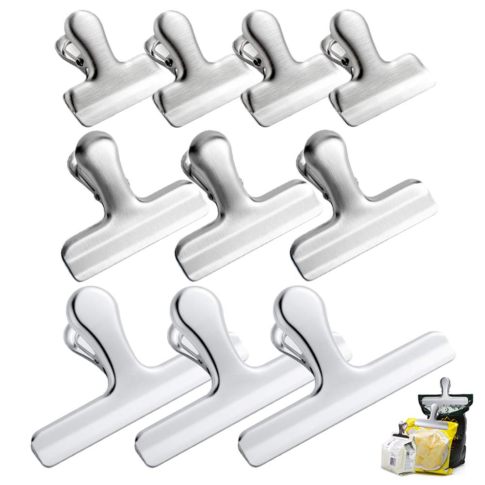 10 pcs Stainless Steel Chip Bag Clips, CNYMANY 3 Sizes 4.7" 3" 1.6" Heavy Duty Air Tight Seal Grip Coffee Food Bag Clamps for Office Kitchen Home Use