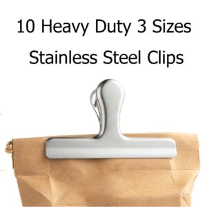 10 pcs Stainless Steel Chip Bag Clips, CNYMANY 3 Sizes 4.7" 3" 1.6" Heavy Duty Air Tight Seal Grip Coffee Food Bag Clamps for Office Kitchen Home Use