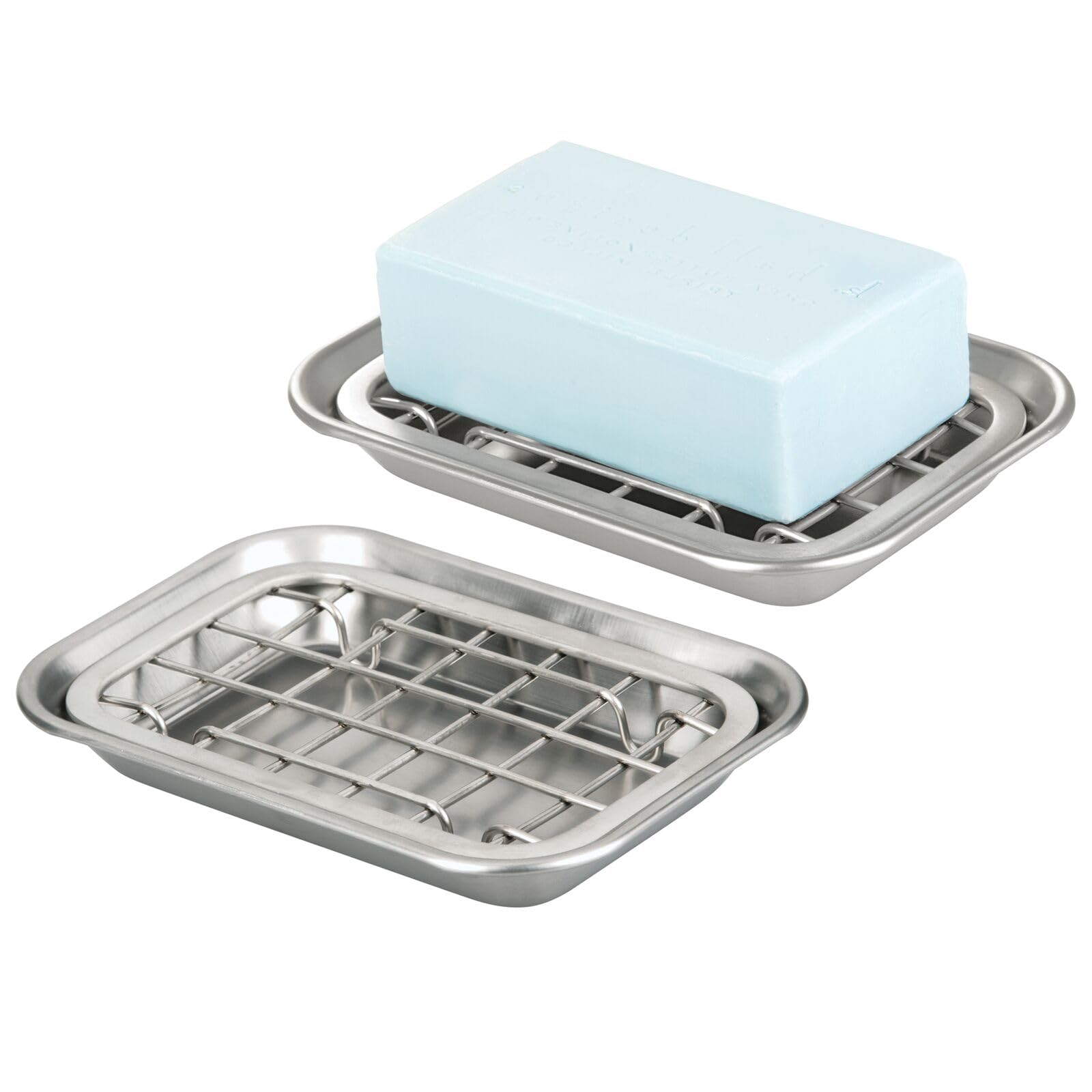 mDesign 2-Piece Soap Dish for Kitchen Sink - Bar of Soap Holder with Drainage Grate for Kitchen - Countertop Caddy Dish Rest for Scrubber, Sponge and Brushes - Unity Collection, 2 Pack, Brushed Chrome