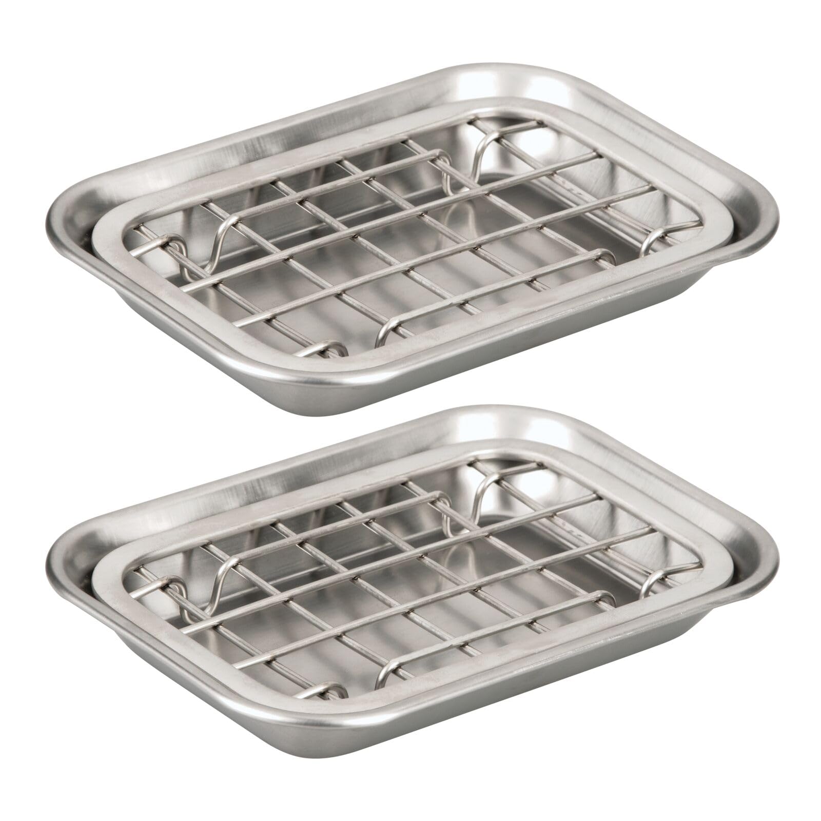 mDesign 2-Piece Soap Dish for Kitchen Sink - Bar of Soap Holder with Drainage Grate for Kitchen - Countertop Caddy Dish Rest for Scrubber, Sponge and Brushes - Unity Collection, 2 Pack, Brushed Chrome