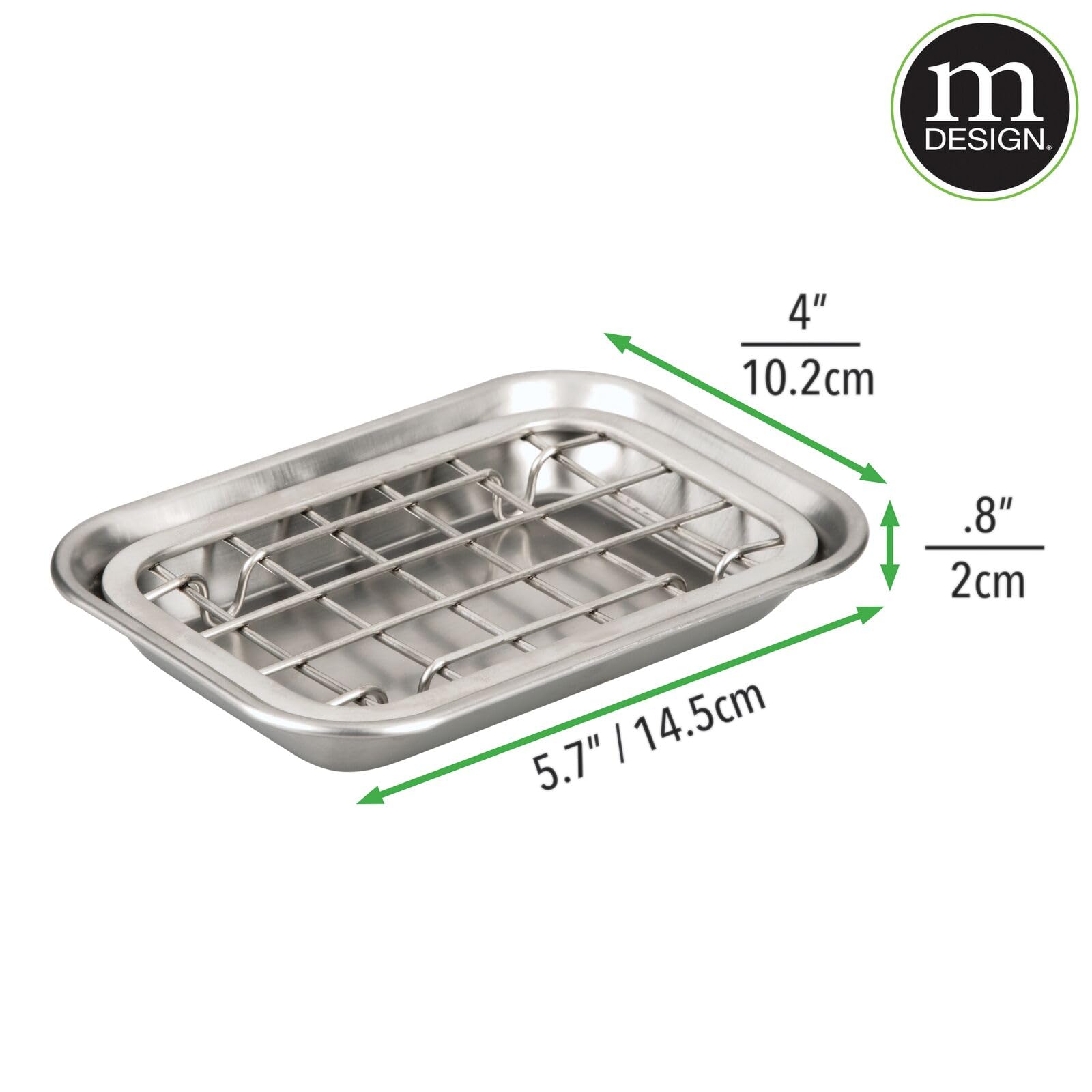 mDesign 2-Piece Soap Dish for Kitchen Sink - Bar of Soap Holder with Drainage Grate for Kitchen - Countertop Caddy Dish Rest for Scrubber, Sponge and Brushes - Unity Collection, 2 Pack, Brushed Chrome