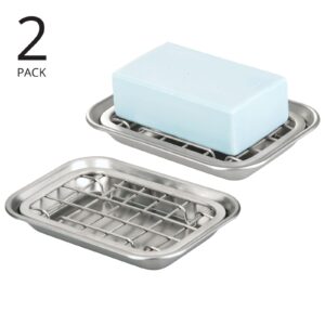 mDesign 2-Piece Soap Dish for Kitchen Sink - Bar of Soap Holder with Drainage Grate for Kitchen - Countertop Caddy Dish Rest for Scrubber, Sponge and Brushes - Unity Collection, 2 Pack, Brushed Chrome