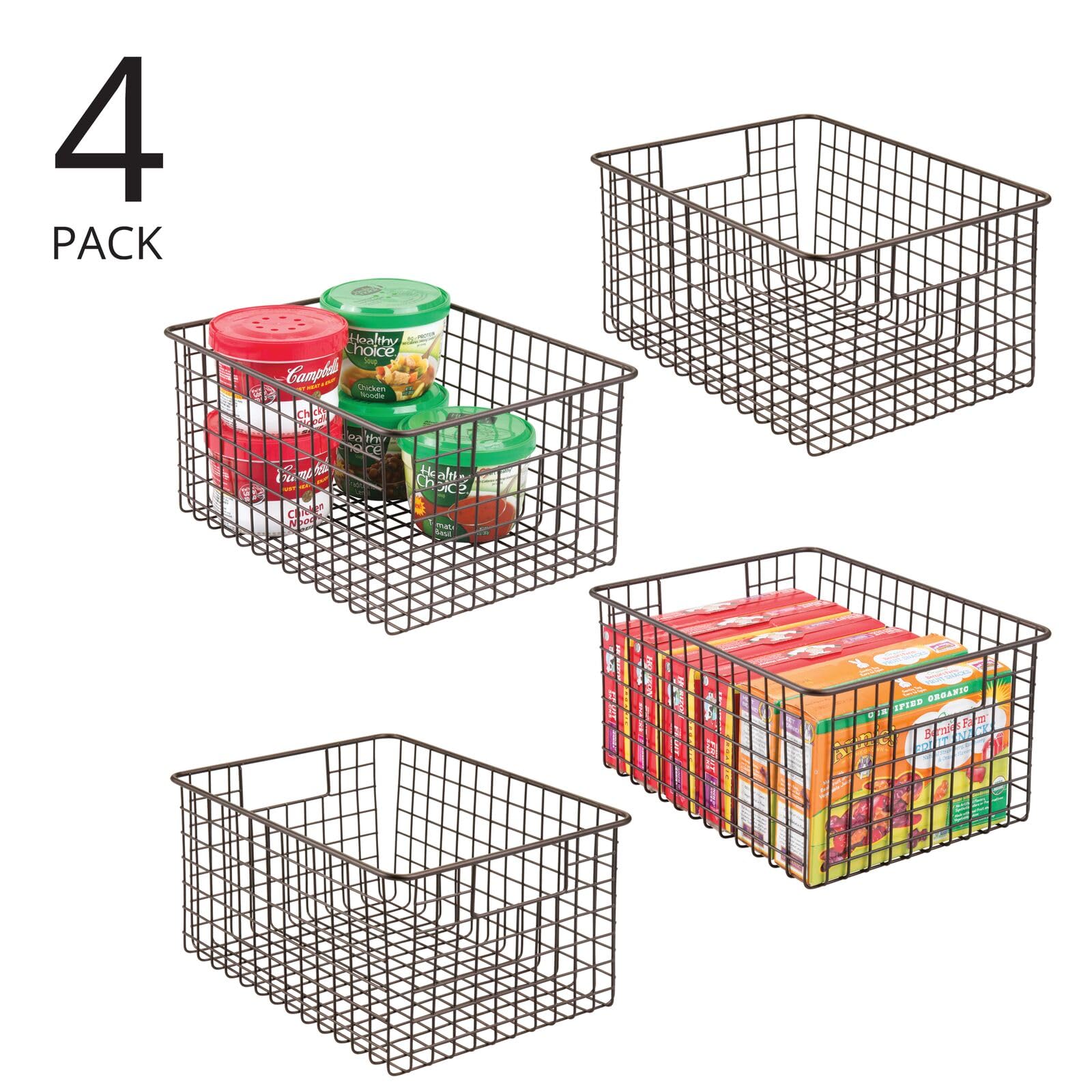 mDesign Metal Wire Food Storage Basket Organizer with Handles for Organizing Kitchen Cabinets, Pantry Shelf, Bathroom, Laundry Room, Closets, Garage - Concerto Collection - 4 Pack - Bronze