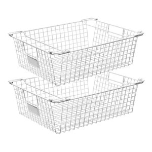 2 pack stackable wire storage baskets with handles,for kitchen, bathroom, cabinets, cupboards, countertop - freezer & pantry organizer bins, for snacks, drinks, potatoes, onions, meat xxl