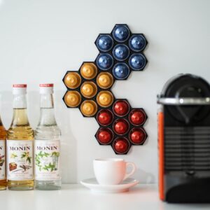 hemiola coffee pod holder, honeycomb capsule organizer intended for nespresso originalline and compatible pods, fridge and wall mount, magnetic and foam tape included, pack of 3, holds up to 21 pods