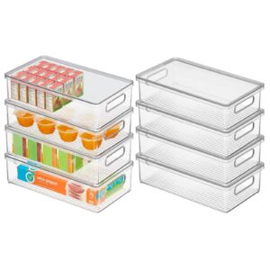 mdesign plastic stackable kitchen cabinet storage bin box with handles/lid - fridge, cupboard, countertop food storage for snacks stacking organization, ligne collection, 8 pack, clear