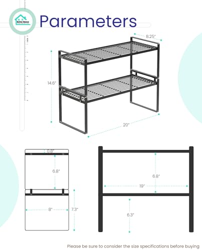 Better House 2 Pack Cabinet Shelf The Ultimate Standing Stackable Space Saving Closet Shelves Steel Frame Rust Resistant Organizer For Your Kitchen Bathroom (Stacked Size L20 x D8.25 x H14.6 in)