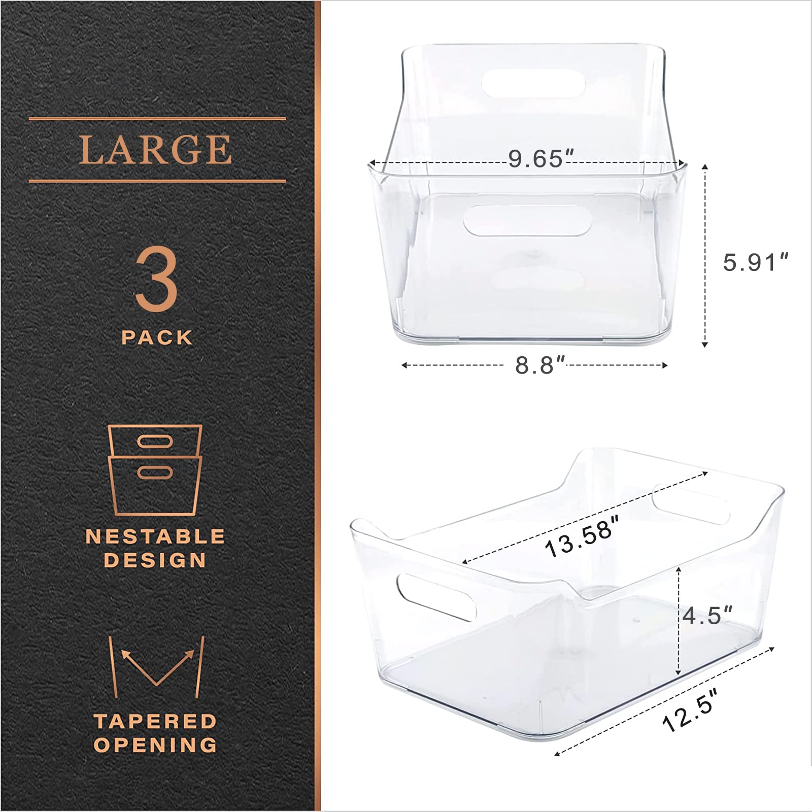 T Legend 3PCS Large Clear Storage Bins,Super useful Pantry Organization Fridge Organizer Home Kitchen Bathroom PET Organizer (Large)