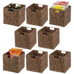 mdesign natural woven hyacinth cube organizer basket with handles - storage for kitchen cabinet or pantry shelf, perfect for cubby storage units, holds snacks or small appliances, 8 pack, brown wash