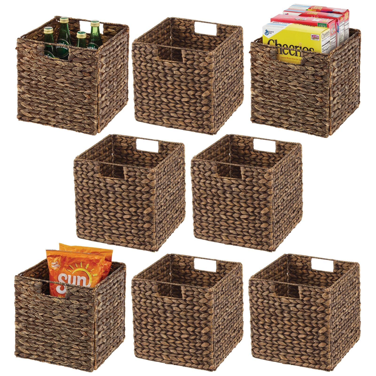 mDesign Natural Woven Hyacinth Cube Organizer Basket with Handles - Storage for Kitchen Cabinet or Pantry Shelf, Perfect for Cubby Storage Units, Holds Snacks or Small Appliances, 8 Pack, Brown Wash