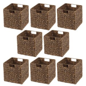 mDesign Natural Woven Hyacinth Cube Organizer Basket with Handles - Storage for Kitchen Cabinet or Pantry Shelf, Perfect for Cubby Storage Units, Holds Snacks or Small Appliances, 8 Pack, Brown Wash