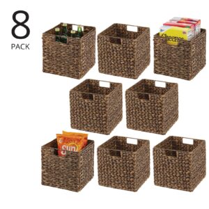 mDesign Natural Woven Hyacinth Cube Organizer Basket with Handles - Storage for Kitchen Cabinet or Pantry Shelf, Perfect for Cubby Storage Units, Holds Snacks or Small Appliances, 8 Pack, Brown Wash