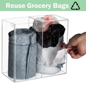 Heyrelda Grocery Bag Holder and Trash Bag Dispenser - 2 in 1 - Wall Mounted Plastic Bag Holder for Grocery Bags and Garbage Bags Kitchen Cabinet Grocery Bag Dispenser Organizer Under Sink, Clear