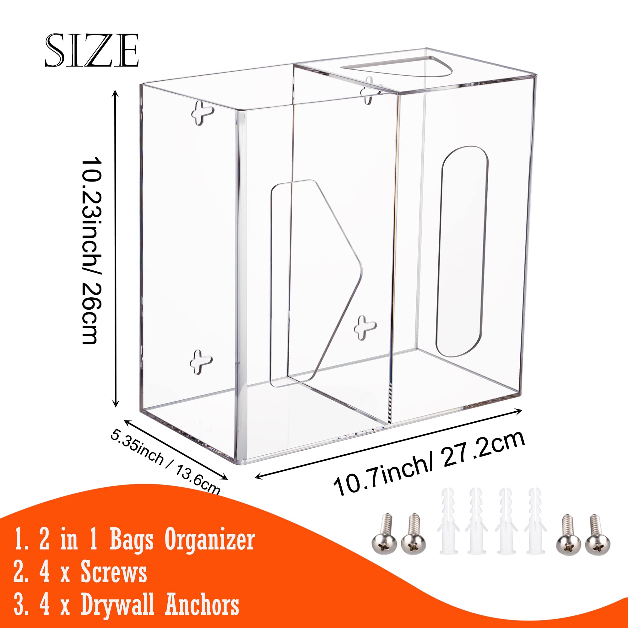 Heyrelda Grocery Bag Holder and Trash Bag Dispenser - 2 in 1 - Wall Mounted Plastic Bag Holder for Grocery Bags and Garbage Bags Kitchen Cabinet Grocery Bag Dispenser Organizer Under Sink, Clear