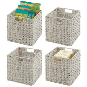 mdesign seagrass woven cube basket organizer with handles - storage for kitchen cabinet or pantry shelf - perfect for cubby storage units - holds snacks or small appliances - 4 pack - white wash