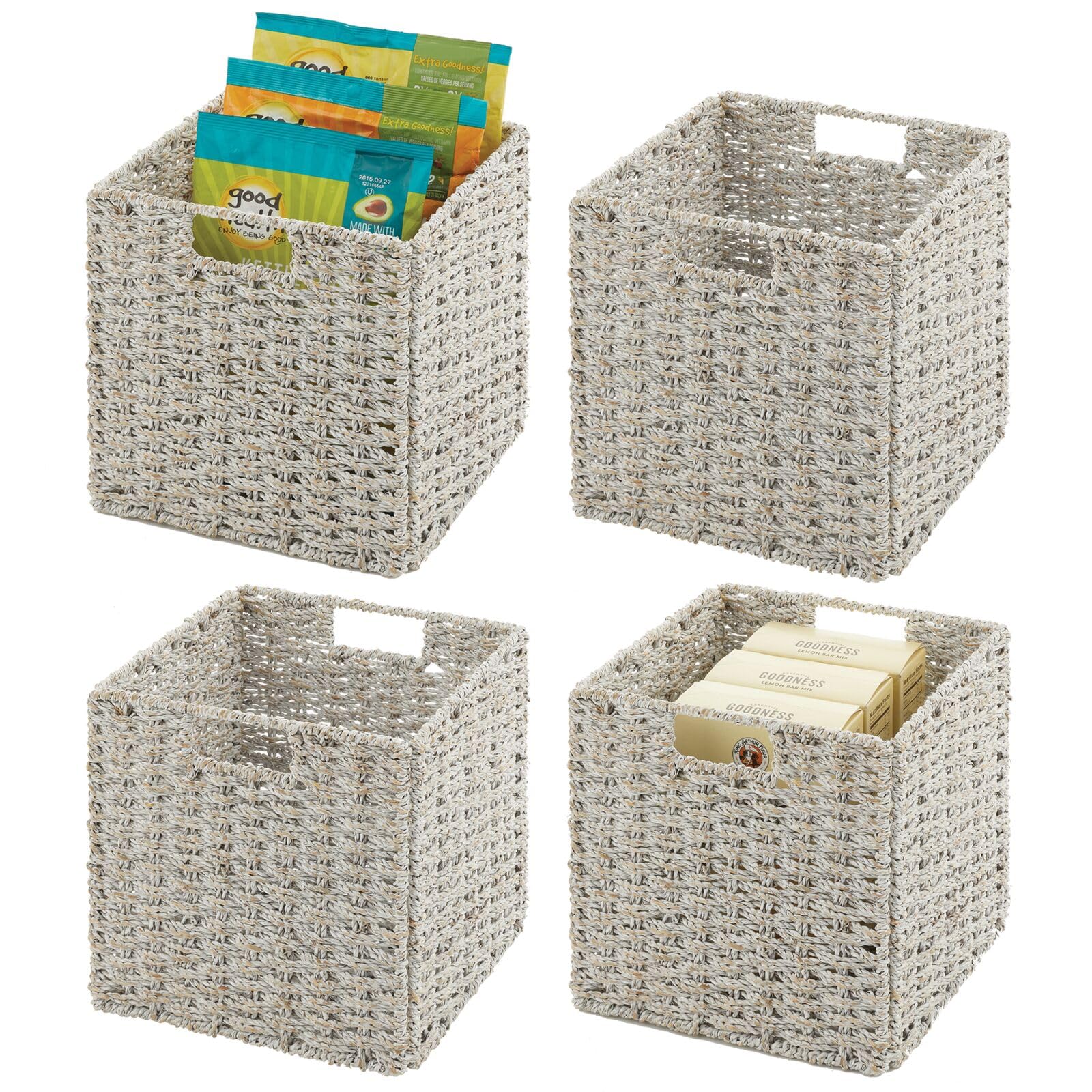 mDesign Seagrass Woven Cube Basket Organizer with Handles - Storage for Kitchen Cabinet or Pantry Shelf - Perfect for Cubby Storage Units - Holds Snacks or Small Appliances - 4 Pack - White Wash