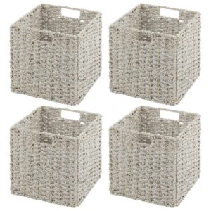 mDesign Seagrass Woven Cube Basket Organizer with Handles - Storage for Kitchen Cabinet or Pantry Shelf - Perfect for Cubby Storage Units - Holds Snacks or Small Appliances - 4 Pack - White Wash