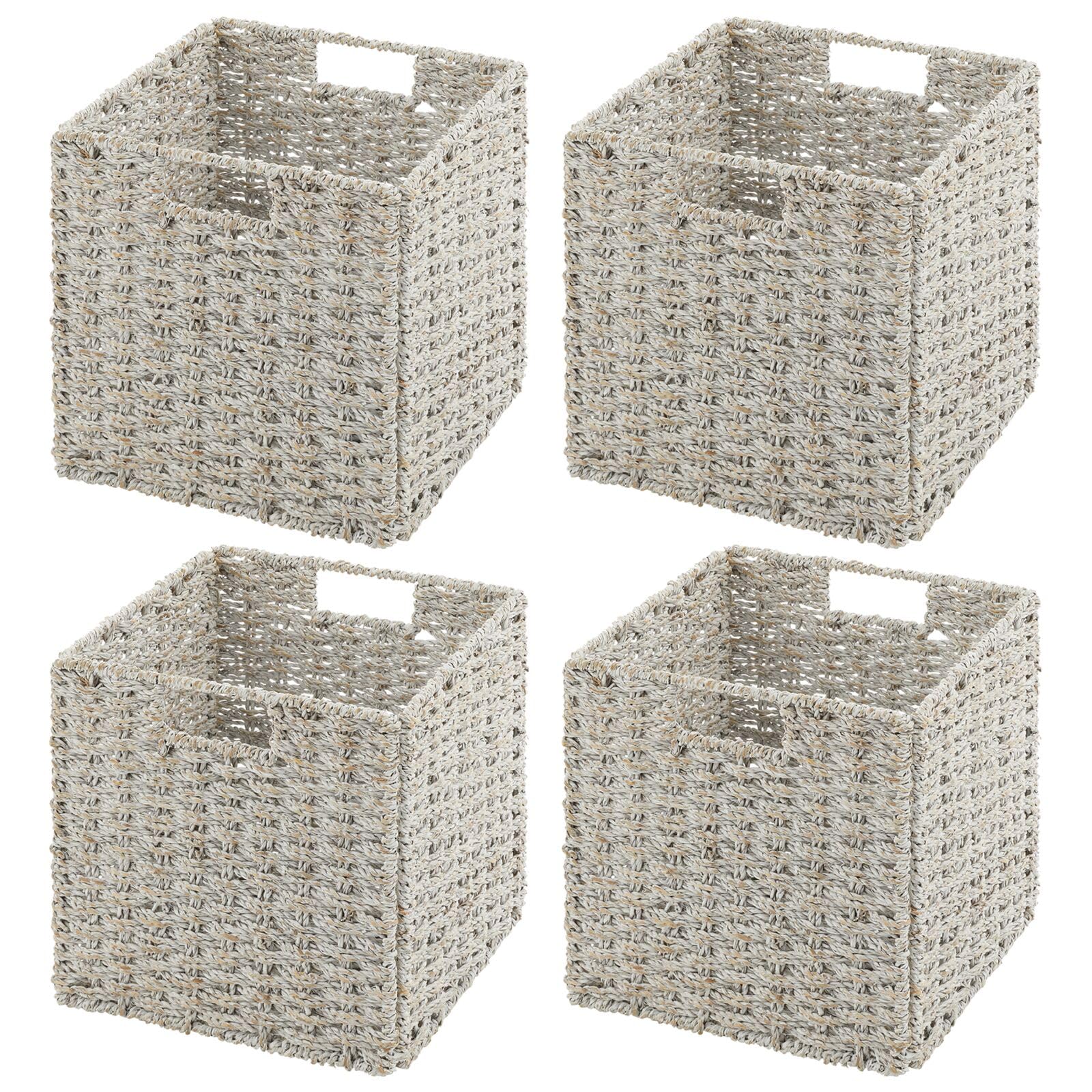 mDesign Seagrass Woven Cube Basket Organizer with Handles - Storage for Kitchen Cabinet or Pantry Shelf - Perfect for Cubby Storage Units - Holds Snacks or Small Appliances - 4 Pack - White Wash