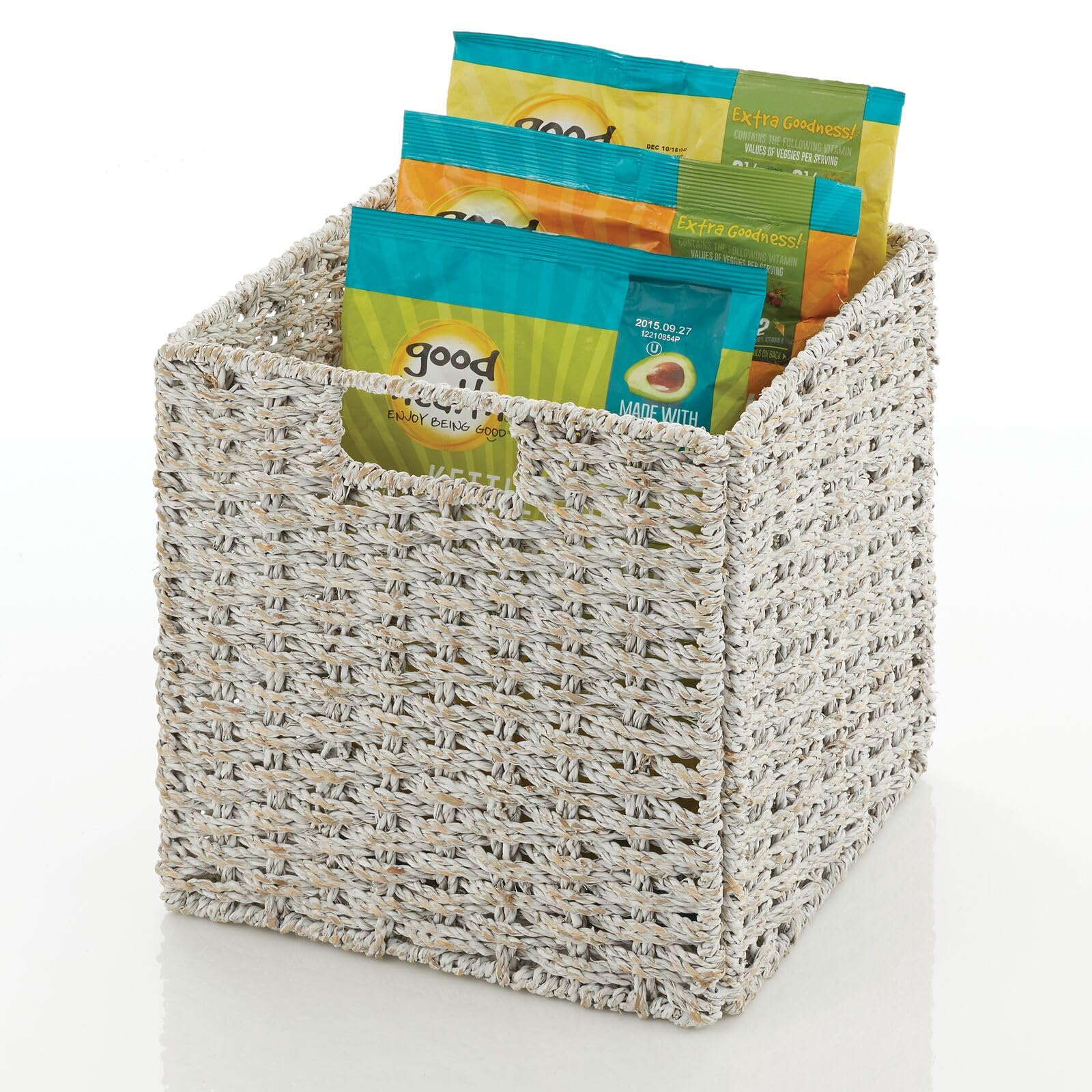 mDesign Seagrass Woven Cube Basket Organizer with Handles - Storage for Kitchen Cabinet or Pantry Shelf - Perfect for Cubby Storage Units - Holds Snacks or Small Appliances - 4 Pack - White Wash