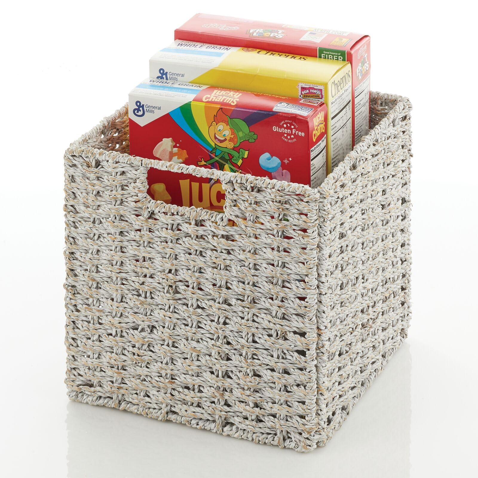 mDesign Seagrass Woven Cube Basket Organizer with Handles - Storage for Kitchen Cabinet or Pantry Shelf - Perfect for Cubby Storage Units - Holds Snacks or Small Appliances - 4 Pack - White Wash