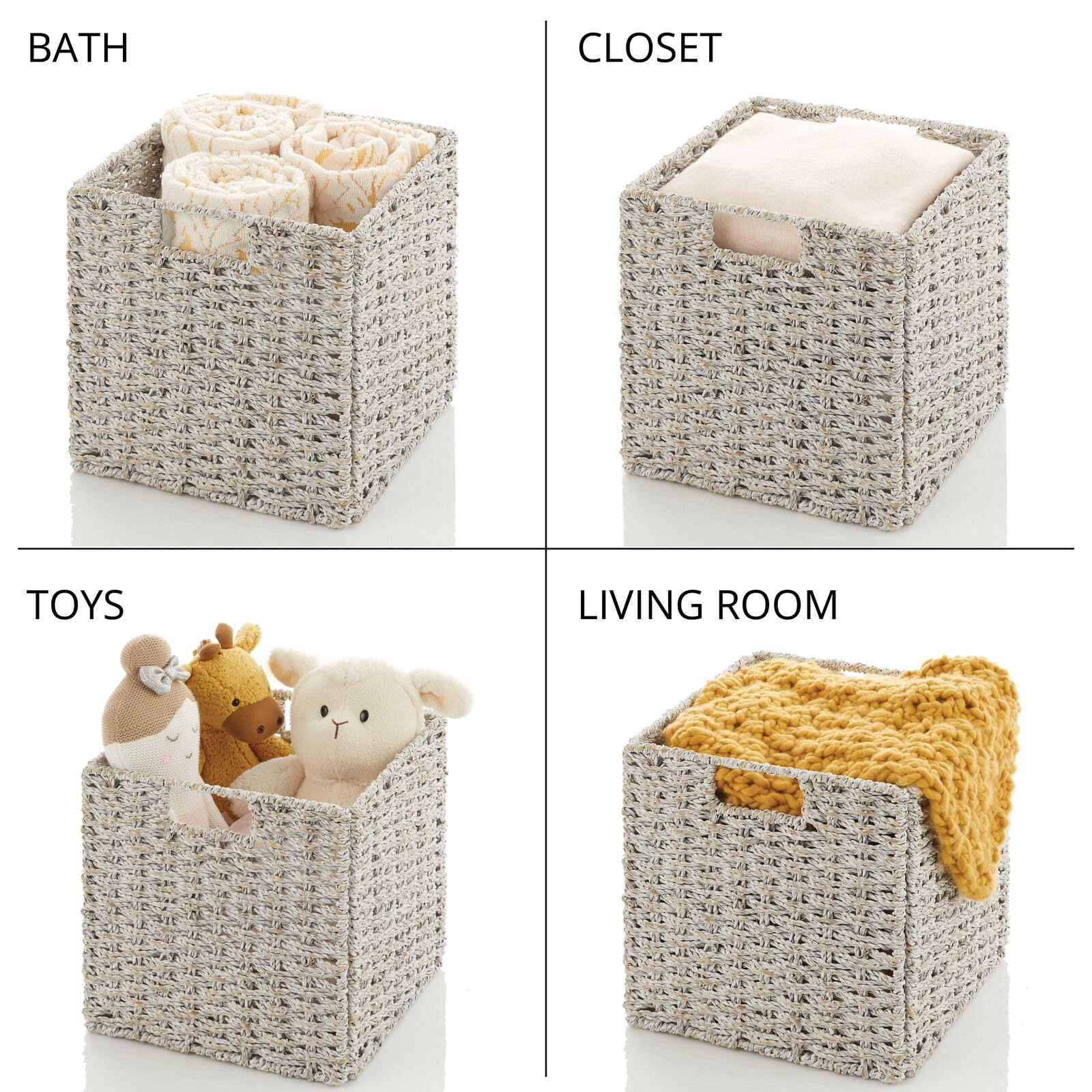 mDesign Seagrass Woven Cube Basket Organizer with Handles - Storage for Kitchen Cabinet or Pantry Shelf - Perfect for Cubby Storage Units - Holds Snacks or Small Appliances - 4 Pack - White Wash