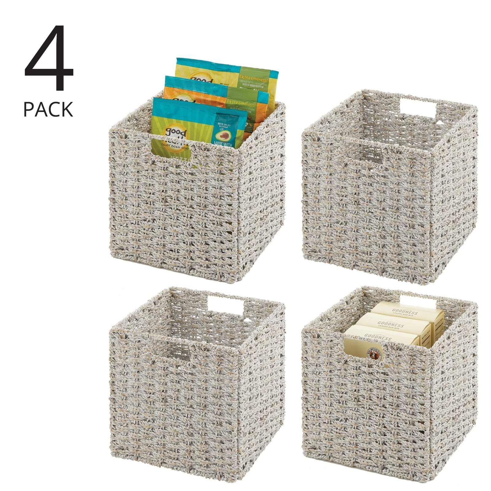 mDesign Seagrass Woven Cube Basket Organizer with Handles - Storage for Kitchen Cabinet or Pantry Shelf - Perfect for Cubby Storage Units - Holds Snacks or Small Appliances - 4 Pack - White Wash