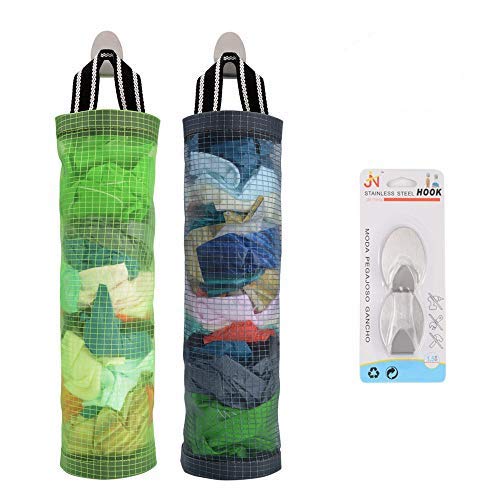 Plastic Bag Holder Sulimy Dispensers Folding Mesh Garbage Bags 2pcs Hanging Storage Bag Trash bags Holder Organizer Recycling Grocery Pocket Containers with 2 Hooks for Home and Kitchen Grey & Green